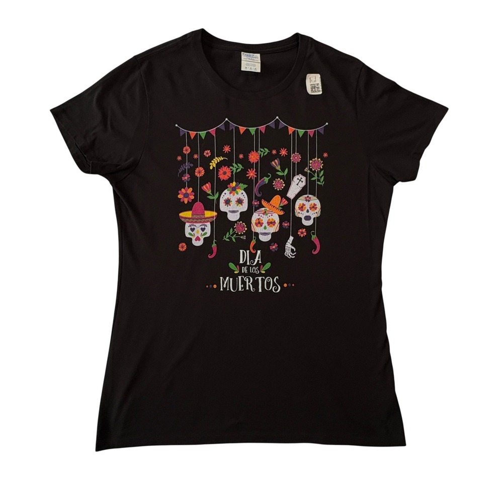 Dia de los Muertos Sugar Skull Graphic T-Shirt Black Port & Company Women Large